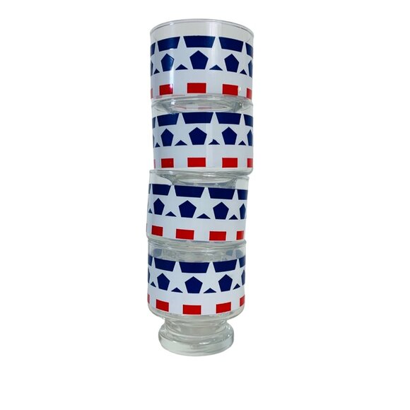 USA Patriotic Pedestal Glasses Set of 4 VTG Red White Blue Star Drinkware Cockta - Picture 13 of 16